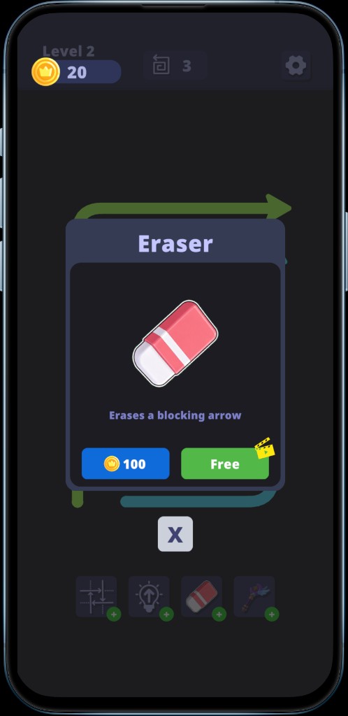 Eraser booster removes a blocking arrow in the unblock arrows puzzle