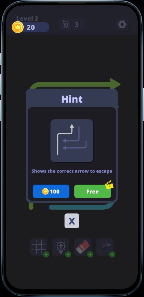 Hint booster in this tap away puzzle shows the correct arrow to escape