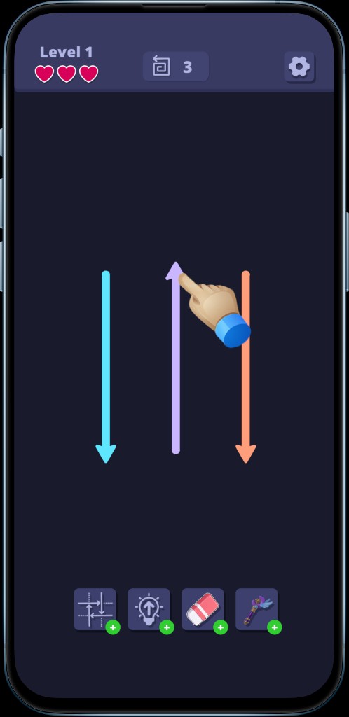 Arrow Escape arrow puzzle game level 1 — tap away the purple arrow to clear the board