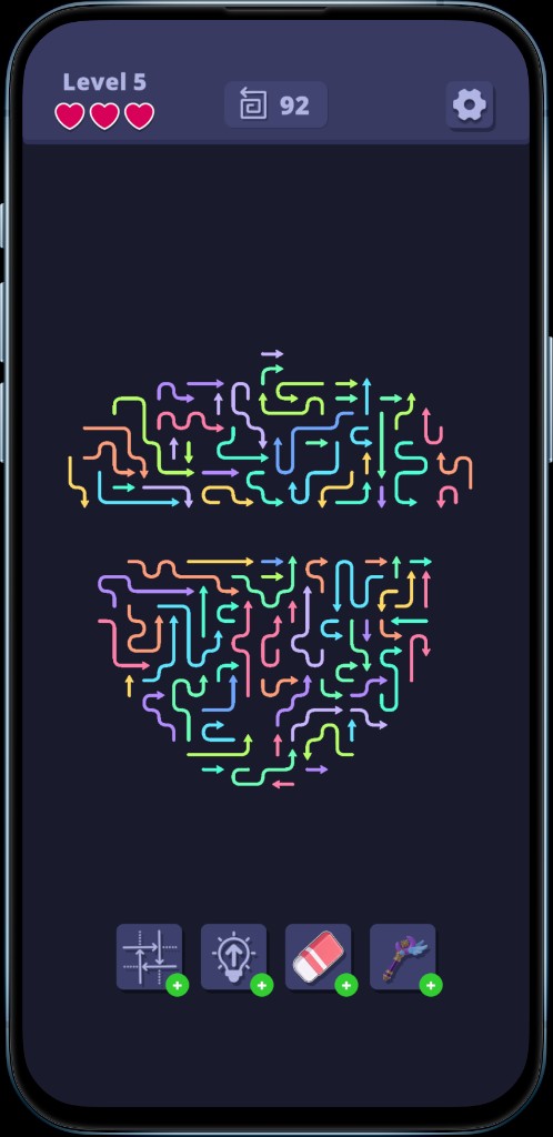 Hard arrow puzzle brain teaser with interlocking neon arrows