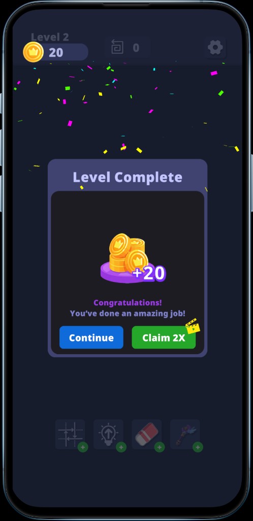 Level complete screen after clearing an arrow puzzle grid